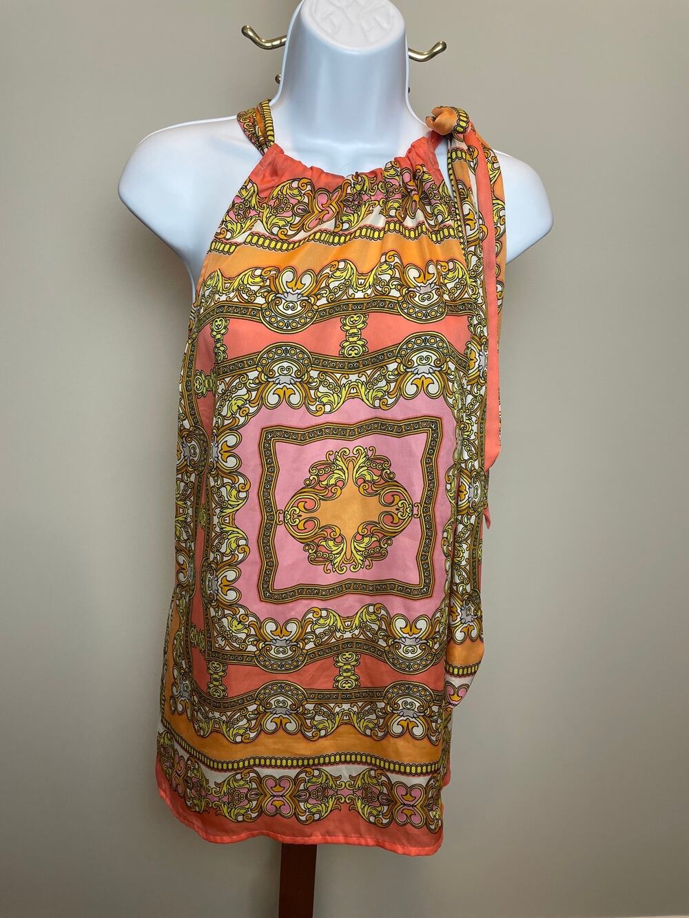 Cache Size XL Old Money Halter Top Pink Orange & Gold Design Tie Side Loose Fit
